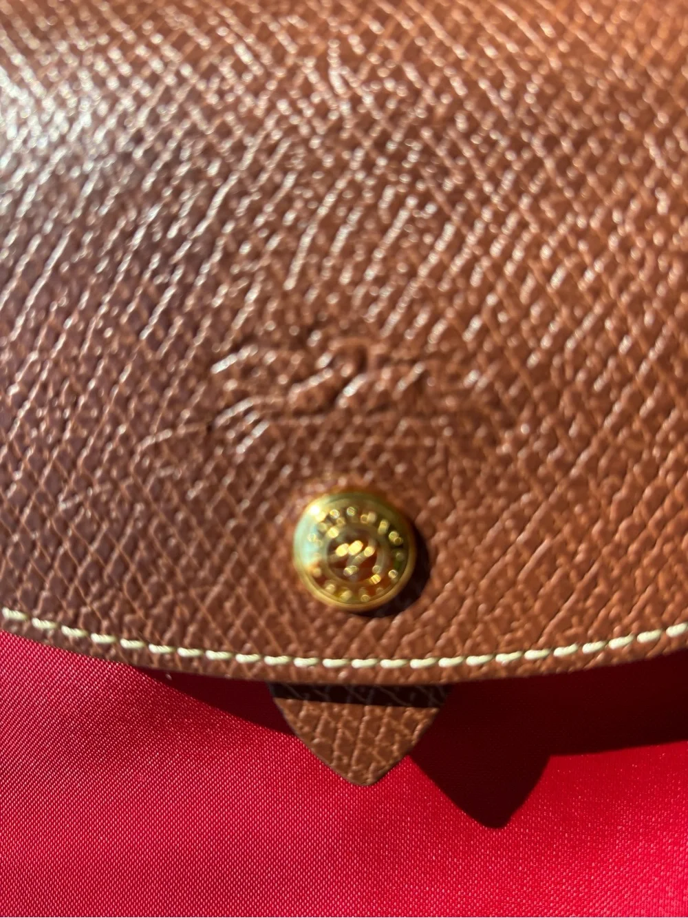 Longchamp Le Pliage Red Women's Nylon Backpack with Brown Leather Flap
